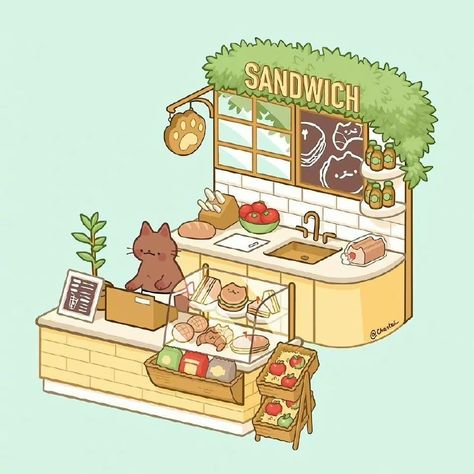 Chanteii Art, Cafe Drawing, Idle Game, Sandwich Shop, Isometric Art, Kawaii Illustration, Cute Food Drawings, Cafe Art, Cute Animal Drawings Kawaii