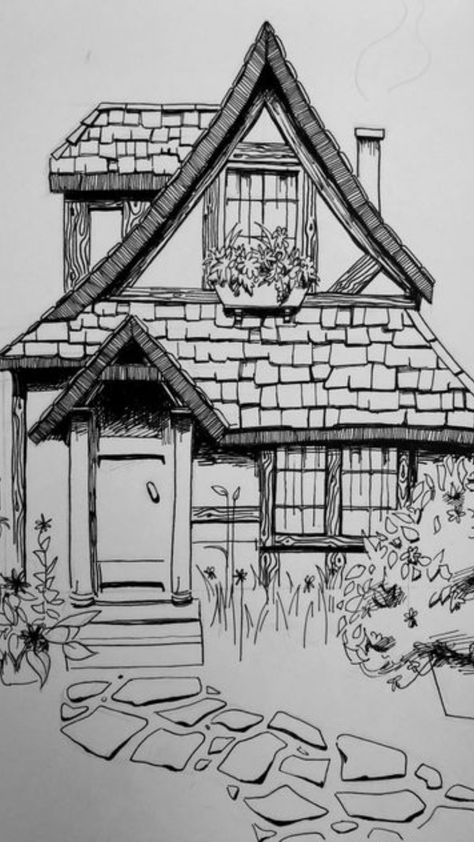 Cottage Drawing, House Design Drawing, Pen Art Work, Architecture Drawing Sketchbooks, Arte Grunge, Pen Art Drawings, House Sketch, Architecture Drawing Art, Cottage House