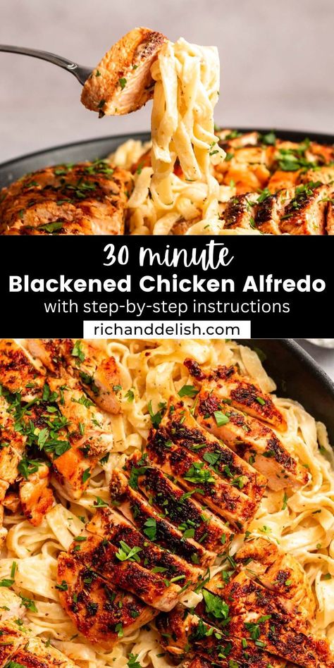 This blackened chicken Alfredo combines the smoky and spicy flavors of blackened chicken with creamy fettuccine in Alfredo sauce. Southern Chicken Alfredo Recipe, Creamy Blackened Chicken Pasta, Oregano's Alfredo The Dark Recipe, Easy Blackened Chicken Alfredo, Grilled Chicken Fettuccine Alfredo, Blackened Chicken Meal Ideas, Blackened Chicken Dinner Ideas, Chicken For Fettuccine Alfredo, Blackened Chicken Alfredo Recipe