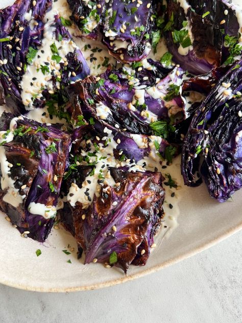 Pistachio Crusted Salmon, Roasted Cabbage, Crusted Salmon, Vegetarian Cabbage, Quinoa Salad Recipes, Purple Cabbage, Tahini Sauce, Yogurt Sauce, Red Cabbage