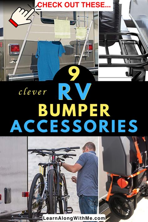 Here are some neat RV bumper accessories that can give you more storage space, a place to hang wet clothes, a way to bring your bikes camping, and lots more.  Check out this list of RV accessories that attach to your RV's square bumper.  (Clever people out there making some cool stuff.) Rv Storage Solutions Travel Trailers, Rv Tips And Tricks, Rv Storage Hacks, Mercedes Rv, Travel Trailer Storage, Rv Camping Accessories, Travel Trailer Accessories, Rv Storage Solutions, Travel Trailer Organization