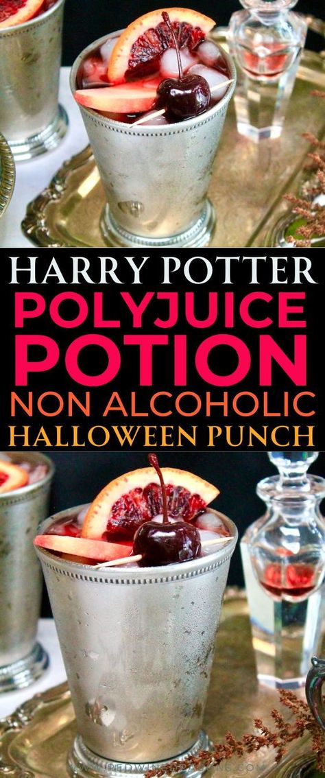 This festive non-alcoholic Halloween drink is inspired by Harry Potter’s Polyjuice Potion! It is known to be a complicated potion, but I’ve got you covered with an easy shortcut to this body-transforming brew that any witch or wizard can craft just in time for Halloween! #nonalcoholichalloweendrink #nonalcoholichalloweenpunch #halloweendrinks #halloweencocktails #harrypotterdrinks #polyjuicepotion #nonalcoholicpunch #nonalcoholicdrinks Harry Potter Non Alcoholic Drink Recipes, Non Alcoholic Harry Potter Drinks, Potion Bar Ideas, Polyjuice Potion Punch, Witches Brew Non Alcoholic, Witches Brew Punch Non Alcoholic, Dnd Drinks Non Alcoholic, Harry Potter Drinks Nonalcoholic, Red Drinks Non Alcoholic