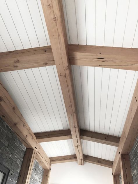 High Ceiling with Shiplap and Rustic Beams - WindsorONE Rustic Beams, Wood Shiplap, Farm Building, Beam Ceiling, Nice Houses, Vaulted Ceiling Living Room, Beautiful Kitchen Cabinets, Shiplap Ceiling, Tongue And Groove Ceiling