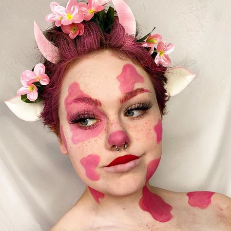 Pink Cow Costume, Pink Cow Makeup, Strawberry Cow Costume, Strawberry Cow Makeup, Strawberry Cow Outfit, Cow Cosplay, Cow Outfits, Cat Cow, Cow Costume