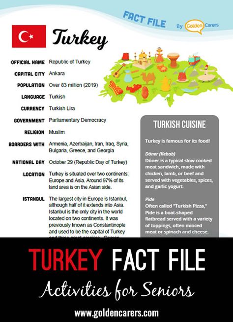 Turkey Fact File: An attractive one-page fact file all about Turkey. Print, distribute and discuss! Turkey Board, Ahg Badge, Catholic Classroom, Turkey Facts, Turkey Culture, Multicultural Activities, Conversation Table, Country Study, Turkey History