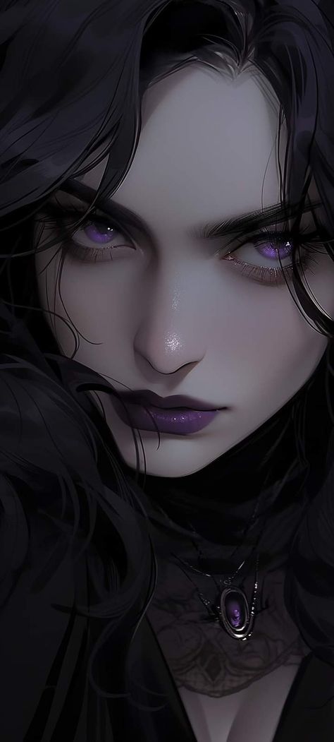 Harry Potter Obscurus, Purple Eyes Character, Black Hair Blue Eyes Character, Sorceress Drawing, Dark Witch Drawing, Goth Woman Art, Evil Female Character Design, Female Necromancer Art, Purple Hair Character Design