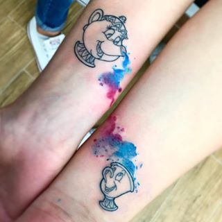 These gorgeous tats of Mrs. Potts and Chip: | 21 Stunning "Beauty And The Beast" Tattoos That'll Make You Want To Get Inked Chip Tattoo, Mommy Daughter Tattoos, Beauty And The Beast Tattoo, Mother Son Tattoos, Mom Daughter Tattoos, Mother Tattoos, Tattoo For Son, Disney Tattoo, Geniale Tattoos