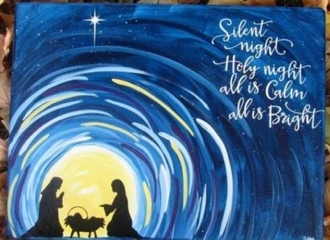 Nativity Painting Ideas, Easy To Paint Nativity Scene, Nativity Painting On Canvas, Bethlehem Painting, Christmas Paint Night, Nativity Scene Painting, Simple Nativity Painting, Xmas Art, Simple Manger Scene Painting