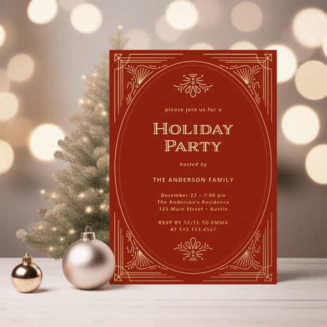 $3.95 | Modern Deco | Elegant Red Holiday Party Gold - christmas holiday party, elegant, twenties 1920s, glamorous, classic and traditional, unique, cocktail party, red, vintage art deco, gold foil Vintage Christmas Party Invitations, Red Christmas Party, Vintage Christmas Party, Hosting Holiday Party, Christmas Invitation Card, Christmas Party Host, Gold Foil Invitation, Christmas Holiday Party, Modern Deco