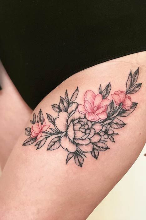 Red Ink Floral Tattoo, Red And Black Flower Tattoo, Pink Flower Tattoo, Red Flower Tattoo, Floral Tattoo Ideas, Red Flower Tattoos, Red Ink Tattoo, Floral Thigh Tattoos, Flower Thigh Tattoos