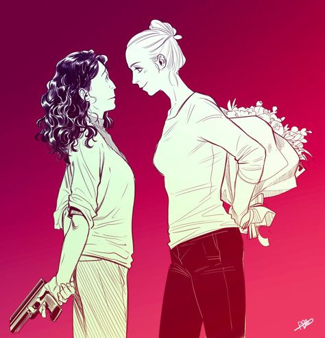 Knife To The Throat Art, Eve And Villanelle Fanart, Villanelle And Eve Fanart, Villaneve Fanart, Killing Eve Fanart, Lesbian Art, Killing Eve, Jodie Comer, Queer Art