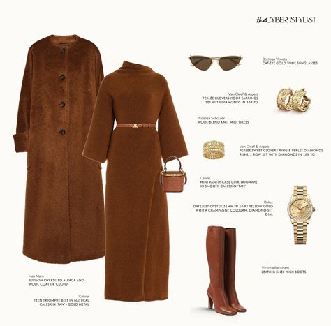 brown tones — a winter look what do you think of this look? comment below! In this look: Coat: Max Mara | Dress: Proenza… | Instagram Van Cleef Arpels Watch, Casual Leather Jacket Outfit, Bottega Veneta Boots, Max Mara Dress, Color Combos Outfit, Elegant Dresses Classy, Celine Sunglasses, Model Outfits, Winter Outfit Inspiration