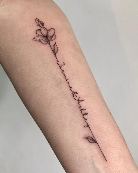 Words With Flowers Tattoo, Never Tattoo, Dainty Flower Tattoos, Tattoo Armband, Name Flower Tattoo, Swift Tattoo, Ankle Tattoo Ideas, Tangled Flower, Bracelet Patterns Easy