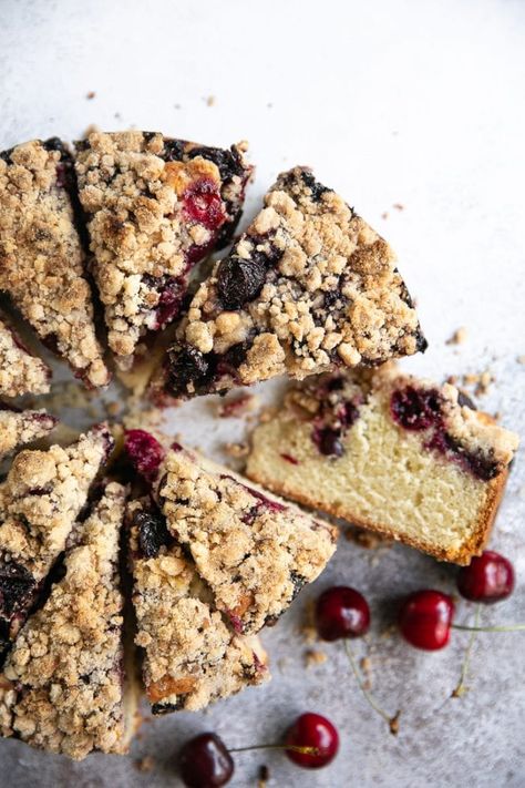 Cherry Coffee Cake, made with fresh cherries and a sugary butter crumble topping, is a delicious summertime treat loved by all ages. Serve this Cherry Cake for breakfast, brunch, or dessert. #coffeecake #cake #cherrycake #cakerecipe #crumbcakerecipe #crumbcake #freshcherries #coffeecakerecipe | For this recipe and more visit, https://theforkedspoon.com Butter Crumble Topping, Cherry Crumb Cake, Cherry Coffee Cake, Cherry Crumble, Crumb Cake Recipe, Bake Sale Recipes, Baking With Almond Flour, Crumble Cake, Cherry Desserts