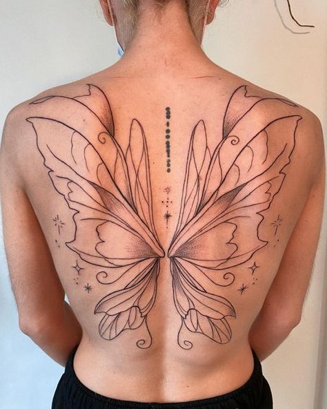 Fairy Tattoo On Back, Fairy Wings Tatoos, Full Back Butterfly Tattoo, Back Fairy Tattoo, Fairy Wing Tattoo Designs, Fairy Tattoo Back, Butterfly Wing Tattoo On Back, Back Wing Tattoos For Women, Authenticity Tattoo