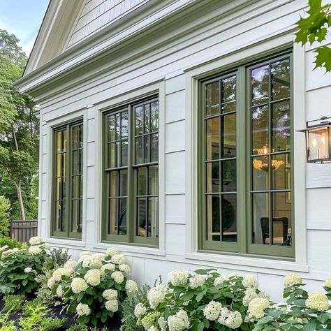 Natural Beauty with Green Outdoor Window Trim • 333+ Art Images House With Green Windows, Vintage Window Trim, Green Trim Exterior House, Green Window Frames Exterior, Cream House Green Trim, Folk Victorian Exterior, Green Windows Exterior, White House Green Trim, Green Window Trim