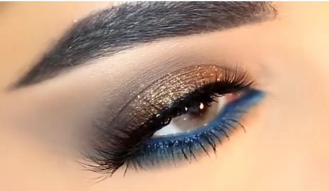 Bronze And Blue Eye Makeup, Brown Eyeshadow Blue Eyeliner, Recital Makeup, Copper Eye, Bronze Makeup, Blue Eyeliner, Brown Eyeshadow, Jonas Brothers, Blue Eye