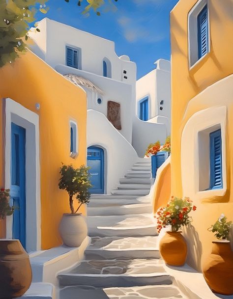 Greek Scenery Paintings, Town Drawing, Greece Architecture, Greek Town, Greece Painting, Greek Paintings, Life Drawing Reference, Map Murals, Background Drawing