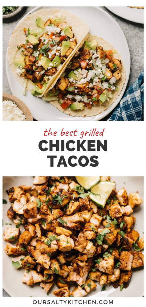 Grilled Chicken Tacos are perfect for a fast, friendly, choose-your-own-adventure weeknight dinner that's approved by picky eaters, and everyone else too! Our simple marinade is just taco seasoning, garlic, lime juice, and olive oil. Marinate 2 hours for a flavorful crust, then grill the chicken in as little as 10 minutes. Serve these American style or street style with your favorite taco toppings in grilled tortillas. Oven free dinners for the win! #chickentacos #grilledtacos #easydinner Mexican Grill Chicken Recipes, Grilled Chicken Thigh Tacos, Charred Chile Marinated Grilled Chicken Tacos, Recipe With Grilled Chicken, Grilled Chicken Tacos Recipe Easy, Black Stone Chicken Tacos, Grilled Taco Chicken, Chicken Tacos Grilled, Mexican Restaurant Grilled Chicken