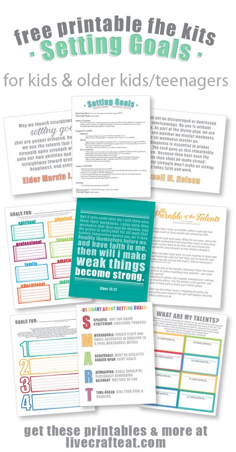 looking for a great way to teach your kids & older kids/teenagers about goal setting? get these free printable family home evening kits! there are 2 sets: one for older kids/teenagers, and a more simplified version for younger kids. each kit includes suggestions for scriptures, quotes, stories/talks, handouts, songs, and activities. all of them free and printable, of course!! | www.livecrafteat.com Scriptures Quotes, Family Home Evening Lessons, Goal Setting Activities, Quotes Stories, Activity Day Girls, Fhe Lessons, Kids Goals, Quotes Family, Primary Activities