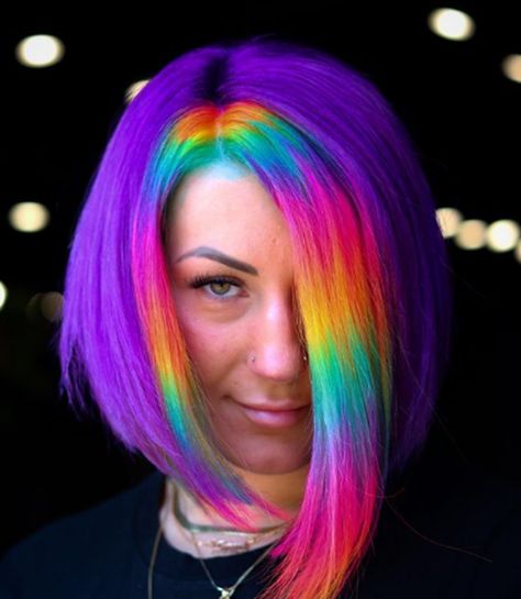 55 Rainbow Hair Color Ideas To Express Your True Colors Short Hair Rainbow, Rainbow Hair Color Short, Dark Rainbow Hair, Rainbow Short Hair, Rainbow Prism Hair, Prism Hair Color, Rainbow Hair Ideas, Short Rainbow Hair, Rainbow Hair Color Ideas