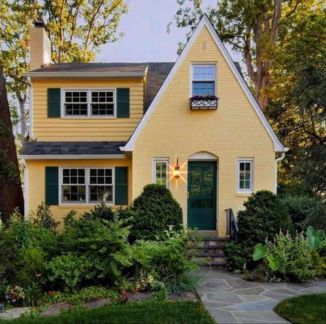 Yellow Cottage Exterior, Yellow Bungalow, Bungalow Cottage, Paint Color Ideas, Yellow Cottage, Exterior Paint Color, Yellow House, Yellow Houses, Color Story