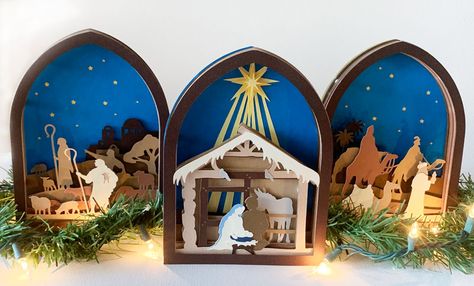 Creating Christmas Memories with Cricut Cricut Nativity, Christmas Nativity Scene Diy, Christmas Stage Decorations, Nativity Scene Crafts, Handmade Nativity, Christmas Tree Village Display, Nativity Scene Diy, Halloween Luminaries, Christmas Tree Village