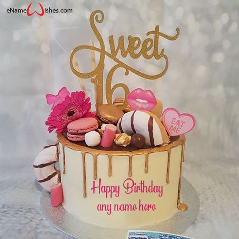 16th Birthday Cake For Girls, Birthday Cake For Teens, Pretty Birthday Cake, Name On Cake, Write Name On Cake, Happy Birthday Cake With Name, Birthday Cake Write Name, Sweet Sixteen Cakes, 15th Birthday Cakes