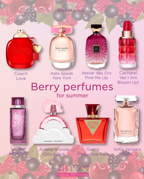 🫐🍓 Tart and juicy berries — great summer picks ⬇️ I can’t stop talking about berry perfumes since they are my favourites, especially for summer. If you check my previous posts, I already shared the raspberry, cherry, strawberry perfumes, and many more. This time I’ll just mention those that are perfect for summer, with various prominent berry notes: ▫️ Coach Love — a juicy pure strawberry scent, my favourite from the brand. ▫️ Kate Spade New York — this one features wild strawberry, so... Kate Spade New York Perfume, Rasberry Perfumes, Raspberry Perfume, Berry Perfume, Lalique Amethyst, Raspberry Fragrance, Atelier Des Ors, Kate Spade Perfume, Strawberry Perfume