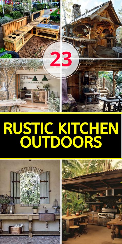 23 Rustic Kitchen Outdoors Ideas to Transform Your Backyard into a Cozy Haven Rustic Outdoor Kitchen On A Budget, Rustic Outdoor Bar, Rustic Outdoor Spaces, Beautiful Pergola, Rustic Outdoor Kitchen, Simple Outdoor Kitchen, Rustic Front Porch, Camp Projects, Rustic Outdoor Kitchens