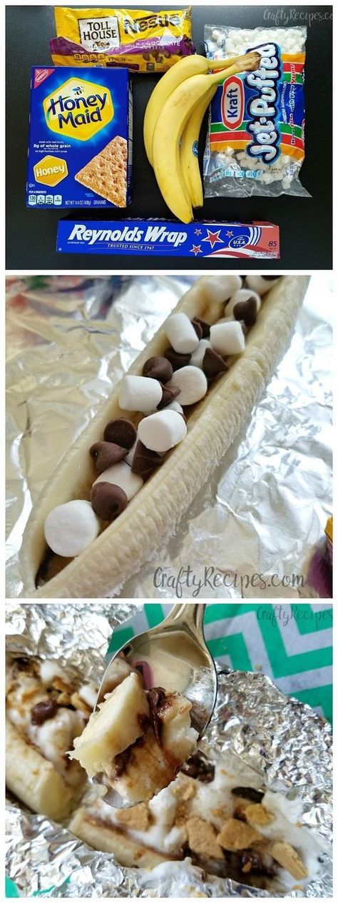 S'mores banana boats...fun dessert for summer for the kids! Graham crackers, bananas, chocolate chips, marshmallows and foil. Easy Desserts For Kids, Dessert For Summer, Grill Dessert, Banana Boats, Fun Dessert, Dessert Aux Fruits, Jon Boat, Banana Boat, Campfire Food