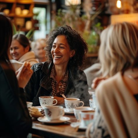 Joyful Coffee Gathering: A group of friends sharing laughter and stories over coffee at a cozy, bustling café. #woman #laughing #coffee #friends #café #happiness #meeting #social #aiart #aiphoto #stockcake https://ayr.app/l/wjJw People In Cafe Photography, Cafe People Photography, Coffee Shop Events, Friends Drinking Coffee, Coffee Gathering, Coffee With A Cop, Women Meeting, Cafe Photoshoot, Coffee And Conversation