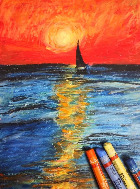 Sunset oil pastel  painting Simple Oil Pastel Painting For Beginners, Impressionism Art Easy Oil Pastel, Oil Pastel Inspiration, Pastel Painting Ideas Easy, Oil Pastel Nature, Oil Pastel Art For Beginners Step By Step Easy, Simple Oil Pastel Art, Oil Pastel Art Easy, Pastel Colour Art