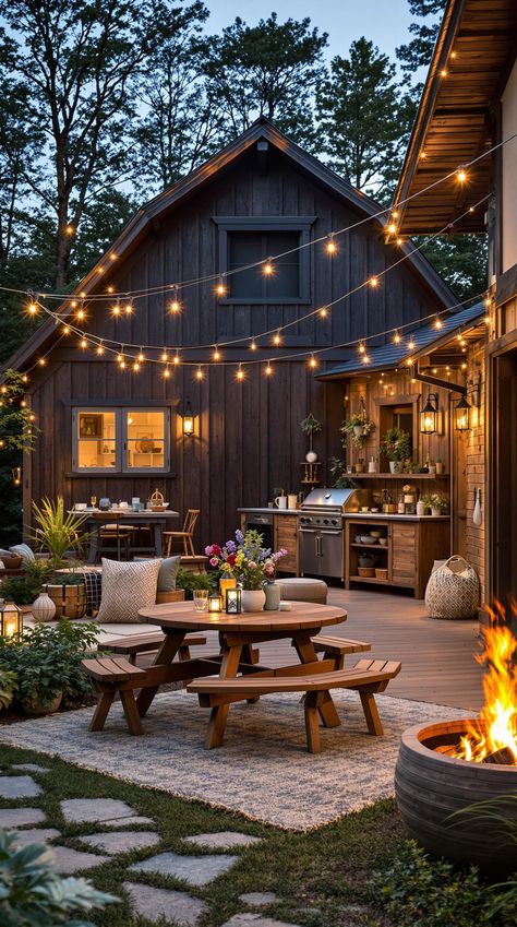 Barnhouse Decor Ideas Barnhouse Style, Fire Pit Rustic, Outdoor House Ideas, Outdoor Entertaining Ideas, Outdoor Fire Pit Area, Welcoming Entryway, Glam Lighting, Minimalist Farmhouse, Farmhouse Patio