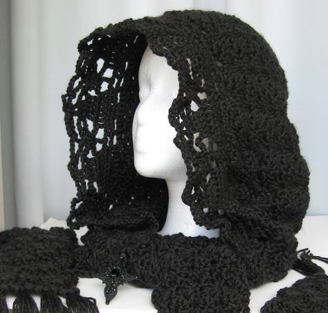 Goth Hoodie Scarf by doilydeas Crochet Gothic, Gothic Crochet, Goth Crochet, Crochet Hat Ideas, Goth Hoodie, Hoodie Scarf, Halloween Crochet Patterns, Crochet Clothing And Accessories, Crochet Design Pattern