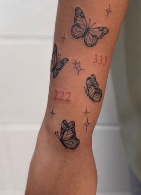 Simple Sleeve Tattoos For Women, 777 Butterfly Tattoo, Butterfly Angel Number Tattoo, Angel Butterfly Tattoo, 444 Butterfly Tattoo, 2005 Tattoo Ideas, Butterfly Tattoo Arm, Butterfly Tattoos On Arm, Butterfly Angel