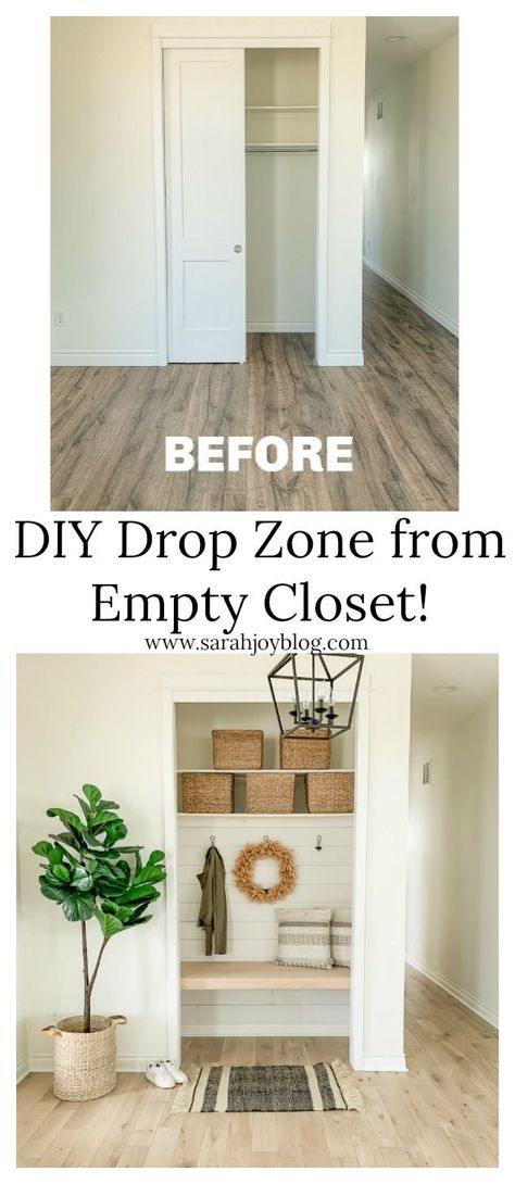 DIY Drop Zone from Empty Closet! Great idea to use transform an entry way closet into a cozy drop zone. Turn Closet Into Mudroom, Closet Into Mudroom Entry Ways, Mud Room Nook, Built In Drop Zone, Closet Into Mudroom, Diy Drop Zone, Drop Zone Entryway, Drop Zone Ideas Entryway, Entryway Drop Zone