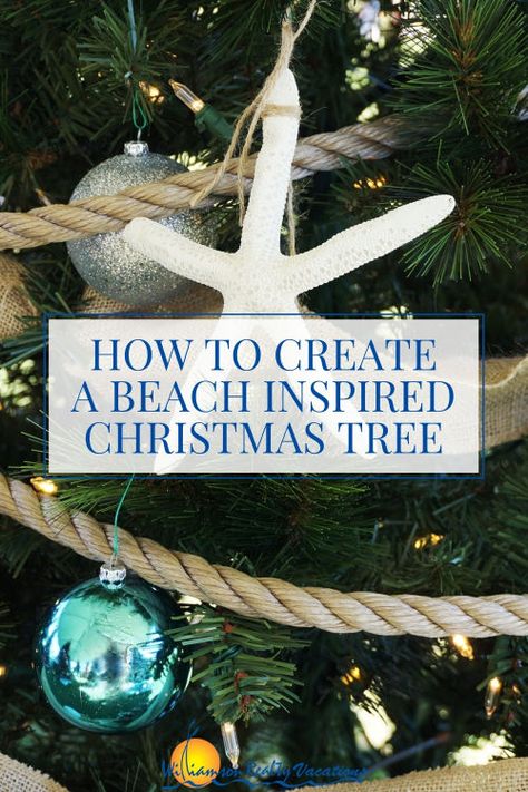 Beach Theme Christmas Tree Ideas, Tropical Christmas Decorations, Beachy Christmas Decor, Beachy Christmas Tree, Small Space Christmas Tree, Nautical Christmas Ornaments, Beach Christmas Trees, Beach Christmas Decorations, Themed Christmas Tree