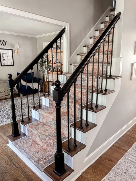 Modern Meets Traditional Staircase Remodel ⋆ Growing Up Kemper Black Banister With Iron Spindles, Modern Iron Balusters, Traditional Handrails For Stairs, Wood And Wrought Iron Stair Railing, Stairs With Iron Balusters, Staircase Makeover Black, Black Iron Spindles Staircase, Wrought Iron Stair Railing Makeover, Iron Balusters Stairs Modern