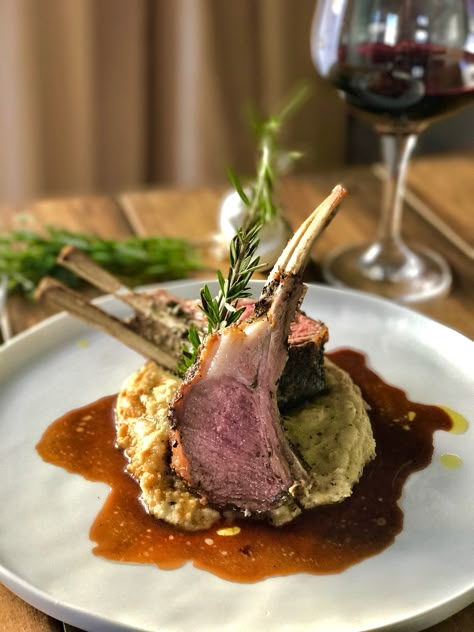 Herb Crusted Rack Of Lamb, Roasted Rack Of Lamb, Bean Puree, White Bean Puree, Crusted Rack Of Lamb, Red Wine Reduction, Lamb Dinner, Gourmet Food Plating, Lamb Chop Recipes