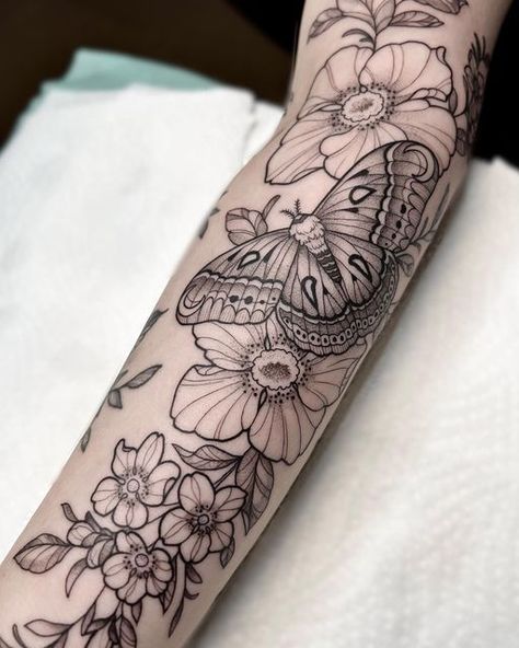 Moth Sleeve Tattoos For Women, Moth And Floral Tattoo, Flowers And Moths Tattoo, Flower Butterfly Forearm Tattoo, Insect And Flower Tattoo, Flower And Bug Tattoo Sleeve, Butterfly Tattoo With Flowers Around It, Moth And Snake Tattoo, Moth And Flowers Tattoo