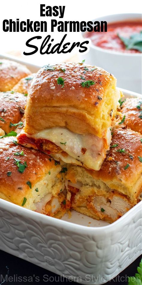 This recipe for gooey Chicken Parmesan Sliders is one that you can serve for snacking, game day and casual meals. Chicken Nugget Sliders, Football Dinner Ideas, Chicken Parmesan Slider, Chicken Parmesan Sliders Recipe, Chicken Parm Sliders, Parm Sliders, Sandwich Sliders, Parmesan Sliders, Chicken Parmesan Sliders