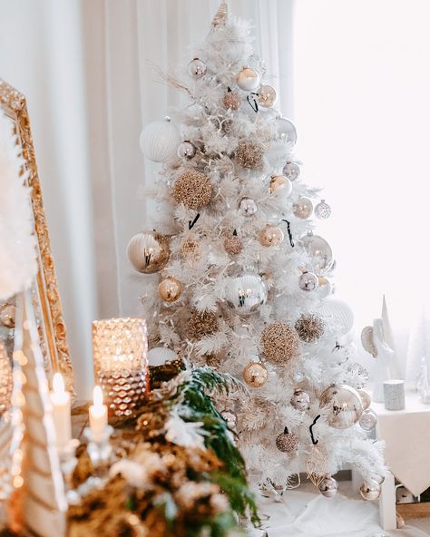 White Christmas Tree With Gold Ornaments, White Tree With Gold Decorations, Christmas Tree Gold Silver White, White Christmas Tree Gold Decorations, Gild And White Christmas Tree, White Tree Gold Ornaments, White Tree. Thanksgiving, Whote Chrostmaa Trees, White Cheistmas Tree Gold Ordaments