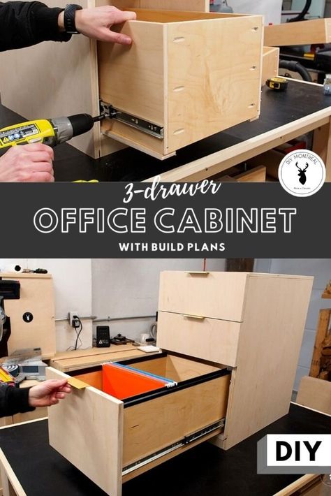 Free Desk Plans, Diy Office Furniture, Diy Printer Cabinet, Install Drawer Slides, Diy Filing Cabinet, Earthy Office, Build Drawers, Diy Montreal, Desk Build