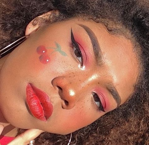 cherry makeup 🍒✨ Cherry Eye Makeup, Cherry Eyeliner, Fruit Inspired Makeup Looks, Cherry Makeup Look, Black Cherry Makeup, Cherry Makeup Aesthetic, Cherry Inspired Outfit, Strawberry Makeup Look, Trendy Handmade Cherry Earrings