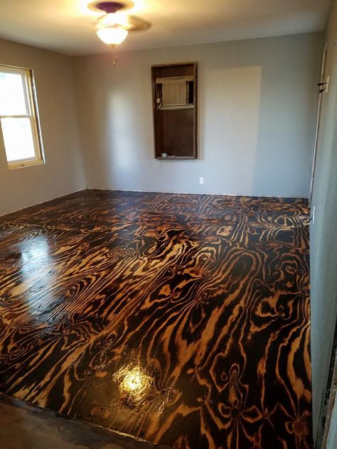 Plywood Sheet Flooring, Bob Schoenfelder, Burned Plywood Floor, Featured On @Remodelaholic Burnt Plywood Floor, Stained Plywood Floors, Plywood Flooring Diy, Pallet Floors, Plywood Floor, Plywood Flooring, Refinishing Floors, Diy Holz, Diy Flooring