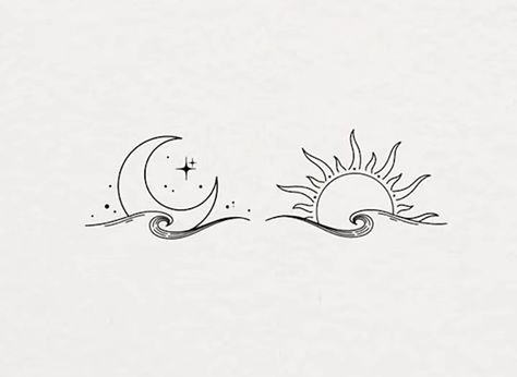 Minimal Moon Tattoo Design, Sun Moon Friendship Tattoo, Night Changes Tattoo, Moon And Sun Tattoo Best Friend, Matching Moon And Sun Tattoos, Sun And Moon Tattoo Matching Best Friends, Sun Moon Matching Tattoo, Moon And Sun Tattoo Designs, Moon And Sun Drawing