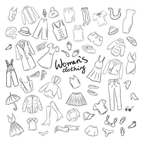 Big set of womens clothes in vectorpictu... | Premium Vector #Freepik #vector #dress #clothes #fashion-doodle #shirt-icon Doodle Art Fashion Illustration, Clothes Doodles Easy, Fashion Doodles Illustration, Fashion Doodle Art, Shopping Doodles, Outfit Doodles, Clothes Doodle, Clothing Doodles, Doodle Clothes