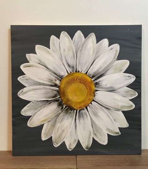 Large, original white daisy painting, with a charcoal gray/black background. This painting is approximately 24x24 square, on a hardboard wood panel with finished wood supports on the back. The surface is distressed, with a rustic finish, and plenty charm! Perfect for any decor; a very popular choice in my shop. :) Handcrafted from start to finish. I have included several front and back photos so that you can see it all. The last photo shows this painting with other flowers also availabl... White Daisy Painting, Painted Benches, Painting On Wood Panel, Barn Wood Crafts, White Sunflowers, Sunflower Canvas, Daisy Painting, Easy Canvas Painting, Sunflower Painting