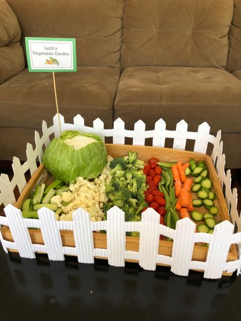 A veggie garden tray for a farm themed birthday party. Farm Themed Tea Party, Farm Themed Birthday Food Ideas, Dinosaur Farm Party, Farm Theme Games For Birthday Party, Farm First Birthday Food Ideas, Farm Theme Rice Krispie Treats, Agriculture Party Ideas, Farm Themed Party Food Ideas, Farm Animal Birthday Party Centerpieces